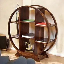 NEW FURNITURE PLAZA Circular Wooden Bookshelf, 360 Degree Rotating Design, Walnut Finish-image-3