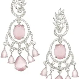 zeneme Rhodium-Plated American Diamond Studded Oval & Leaf Shaped Drop Earrings For Girls and Women-picture-15