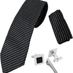 zitti Italian Silk Self Design Tie Pocket Square Set with Square Brass Cufflinks & Silver-Black Enamel Checkered Tie Pin | Premium Combo in Leather Box for Men – Formal Gift Set-picture-20
