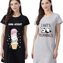fflirtygo Women’s Cotton Nighty | Printed Knee Length Night Gown |Relaxed Fit Nightwear |Short Nightdress| Long T-Shirt | Sleepwear & Casual Wear Nighty (Pack of 2)-picture-15