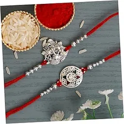 ecraftindia Unisex Adult Set Of 2 Silver Religious Lord Ganesha And Flower Designer Rakhis With Red Threads, And Roli Chawal Pack - Rakhis For Brothers-picture-17