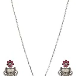 aatmana Red Stones & Pearls Silver-Plated Jewellery Set For Women | Red | Necklace Set For Women Stylish-picture-40