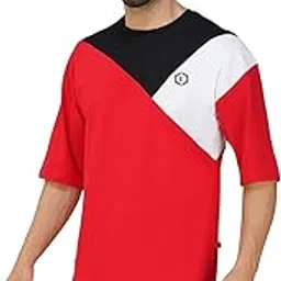 febue Color-Blocked Halfsleeves Cotton Mens Oversized T-Shirt - Red White & Black-picture-28