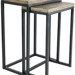 JGS Iron Frame Solid Wood Nesting Tables for Home Set of 2 Stools for Living Room-picture-34