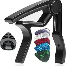 Guitar capo b5 with Guitar Pick Holder with 5 Colorful Picks, Clip-On Design, Black-image-79