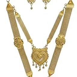 Traditional Gold Plated Heart Design Necklace Set with Earrings, South Indian Temple Jewelry, Mesh Chain Long Haram for Wedding, Festival Wear-picture-15