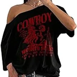 sxv style Women Cowboy Style Loose Fit Slouch Shoulder T-Shirt, Black-picture-20