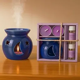 Floryn Decor Ceramic Oil Diffuser Set with 5ml Essential Oil & 2 Tealight Candles | Aromatherapy Burner for Home, Bedroom, Spa & Office | Relaxing Fragrance, Compact Size – Gift Pack Blue-image-25