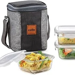 CELLO Glassy Square Lunch Box Set of 3, (320 ml x 3), Clear | Microwavable Toughened Glass | Leak Proof Design | Tiffin for Office/School/College image 1