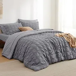 Bedsure Bed in a Bag Twin - 5 Pieces Plaid Seersucker Bedding Comforter Sets, Soft Lightweight Grey Boho Bed Set with Comforters Twin Size, Sheets, Pillowcase & Sham-image-2