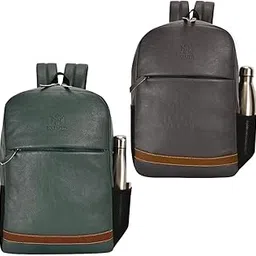 ummul Pack of 2 Vegan Leather Laptop Backpacks with Water Bottle Holder – Stylish Travel & Work Bags with Brown Accent Stripe | Available in Grey and Green-picture-32