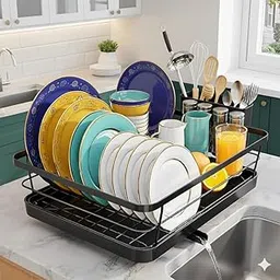 Dish Drying Rack – Kitchen Drying Racks with Drainer Tray, Space-Saving Dish Rack with Detachable Cutlery Holder, Rust-Resistant Black Iron & Plastic Organizer (Dish Drying Rack)-picture-20