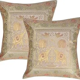 Silk Brocade Embroidery Silk Cushion nd Pillow Covers (16 X16 Inch) for Sofa Bedroom Bedroom, Living Room, Office (Multicolour Cream) Pack of 2 image 1