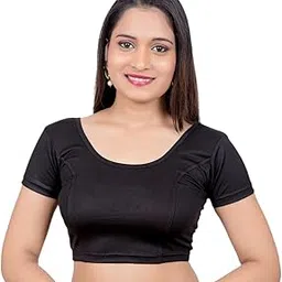 biyu Women's Lycra Stretchable Gold Cap Sleeves Round Neck Princess Cut Plus Size Readymade Saree Blouse-picture-34