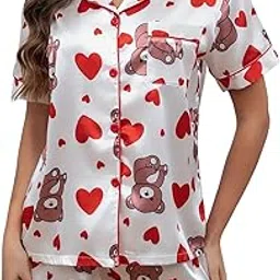 riodebella Women’s Satin Nightwear Set – White Pajama Shirt & Shorts with Teddy Bear and Heart Print, Cute Sleepwear Loungewear-picture-48