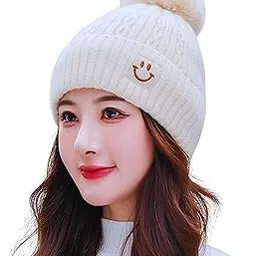 Beanie for Women, Beanie Cap for Cold Weathe, Pom Pom Beanie for Girls, Soft Warm Beanie Cap, Winter Hat for Girls, Smiley Face Patch Beanie-image-79