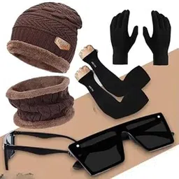 giffemans Winter Woolen Knit Beanie Cap with Neck Muffler/Neckwarmer, and Sunglasses with Gloves & Neck Muffler Warn | Neck Warmer and Woolen Gloves Set for Men & Women Combo Set of 4 image 1