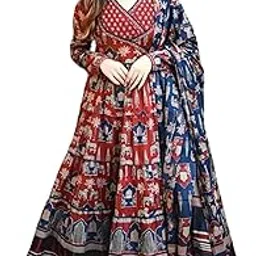 vnyashri Jaipuri Rajasthani Block Print Angrakha Pattern Anarkali Kurta Pant with Dupatta for Women-picture-34