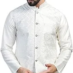 tahvo Men White Embroidered Jacket Sleeveless Nehru Jacket-picture-34