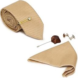 mutaqinoti Mens Dotted Cream Woven Premium Silk Necktie Suit Accessories Set With Pocket Square Cufflinks Brooch Golden Tie Pin (TECM02GP)-picture-40