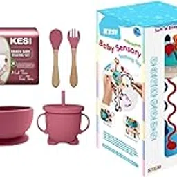 KESI 6 Pcs Silicone Baby Feeding Set - Baby Led Weaning Supplies - Baby Spoons, Suction Bowl and Baby Sensory Pull String Teething Toys | Learning Ropes with Simple Bubble & Sliding Balls Combo-picture-43