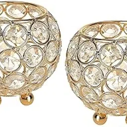 Decoartive Tea Light Crsytal Candle Holder - Pooja Diya Decoration Items Home Diwali Brass Puja Item - Diwali Gift Lantern (Pack of 2) Gold-image-95