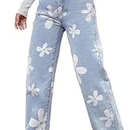 harsha corporation Women's Flower Print Fashion Wide Leg High Waist Denim Pants Boyfriend Jeans Loose Fit Vintage Jeans for Teen Girls-picture-13