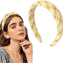 lykaa Padded Headbands, Wide Headband, Stylish Fashion Hairband, Boho Headband,Puffy Sponge Thick check printed Vintage hair accessories (YELLOW)-picture-38
