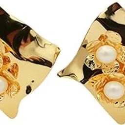 blysk Gold Plated Floral Pearl Stud Earrings for Women, Lightweight Brass Material, Perfect for Party, Office, and Festive, Ideal Gifting Choice, Pack of 1-picture-32