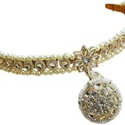Traditional Kundan Pearls Hair Accessory Set with Maang Tikka, Gold-Toned Crystal Embellished Hairband for Women, Girls, Indian Wedding, Bridal Jewelry-picture-51
