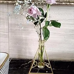 The Pot Dealer Geometric Triangle Shape with Sign Love Tube Glass Vases Nordic Vase Gold Solid Metal Stand Vase for Home Decor Living Room, Dining Table, Office (Flower Not Included)-picture-10