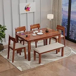 DRIFTINGWOOD Sheesham Wood 6-Seater Dining Set, Table with 4 Cushioned Chairs and Bench, Natural Honey Finish (Beige, 6 Seater)-picture-14