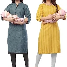 b2f manufacturing & designing kurti B2F Women's Printed Cotton Straight Maternity Kurti with Zipper, Feeding Kurta for Pre and Post Pregnancy, Combo Pack image 1