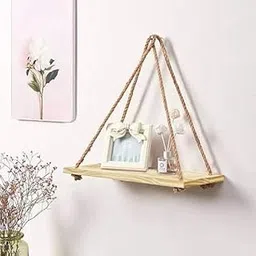 VAH- Kya Bat Hai !! Wall Hanging Shelf Wood Floating Shelves For Wall Rope Shelves Plant Shelf (Set of 1),Brown-picture-27