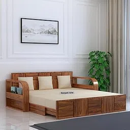 Ganpati Arts Sheesham Wood Headboard Design 3 Seater Scott Sofa Cum Bed With Side Book Storage Wooden Sofa For Living Room Home (Natural Finish), Brown-picture-12