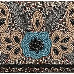 Handmade Beaded Clutch Purse, Vintage Floral Pattern, Black and Beige with Blue Flower, Glass Bead Embroidered Evening Bag-picture-44