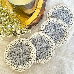 Kind Strings Eco-Friendly Cotton Tea Coasters Set of 4 with potli Bag for Storage I Heat Resistant & Washable I Size(Diameter) : 4 Inch - Grey-picture-23