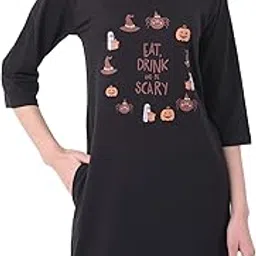 clovia Women's Cotton Eat, Drink and Be Scary Text Print Short Night Dress-picture-23