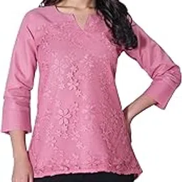 ejish Women's Floral Embroidered Cotton Blend Top, 3/4 Sleeves, V-Neck, Coral Pink (in, Alpha, XL, Regular, Pink)-picture-59