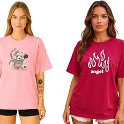 adviba fashion Pack of 2 Oversized 100% Cotton Printed T-Shirt for Women’s | Soft Round Neck Half Sleeve Tee | Regular Fit Casual T-Shirt for Girls & Women image 1