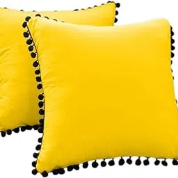 Bird Wing Pure Cotton Classic Solid Yellow with Black Pom-poms Work Decorative Cushion Covers for Sofa Couch Bed Car Seat DŽcor | Size : 24X24 Inch, 61 x 61 CM-image-6