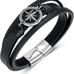 Black Braided Leather Bracelet For Men-image-0
