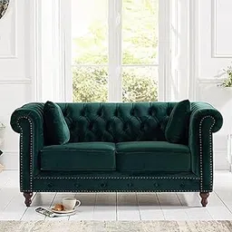 Hand-Made Velvet 2 Seater Modern Chesterfield Button Tufted Sofa for Living Room, Office, Hallway, Bedroom(Green) 2-Person Sofa image 1