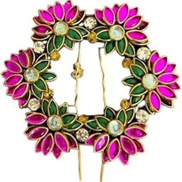 Traditional Floral Hair Bun Pin with Pink and Green Stones, Pearl Accents, Gold-Toned Metal-picture-28