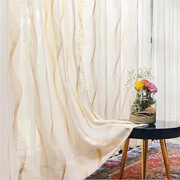 Urban Space Gold Foil Sheer Striped Curtains 7 Ft For Door Set Of 2 With Eyelets&Tieback,35-40% Semi Transparent&Light Filtering Curtain For Living Room(Door-7 Ft X 4 Ft,Double Wave Butter Cream)-picture-10