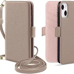 MAGICASE Smartphone Case for iPhone 13 (6.1-Inch), Women's, Shoulder Strap, Stylish, Wallet Type, Magnetic, Card Storage, Stand Function, Strap, Cute, Premium PU Leather, Shockproof, Lightweight, Heat Dissipation, Full Protection, Crossbody, Popular, Bi-Color, Gray M Pink-picture-23