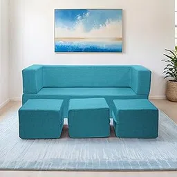 Seventh Heaven 72x60x14 inch Jute Fabric with 3 Puffy 3 Seater Double Foam Fold Out Sofa Cum Bed (Finish Color - Sky Blue Delivery Condition - Pre-Assembled)-picture-16