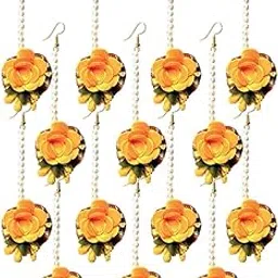 patwa traders Ethnics Flower yellow Fabric Along with Pearls Brass Maang Tikka for Women,MangTika Set for Wedding | Baby Shower | Shaadi| Haldi | Mehandi-picture-14