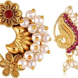 vivastri fashion jewellery Vivastri Premium Gold Plated White Pearl,Moti Beaded Alloy Nath,Nathiya,Nosepin,Nosering,Guttapusalu For Women & Girls -VIVA1179-1080NTH-PRESS-RED-picture-68