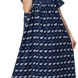 The Anmik House Cotton Night Gown for Women - Navy Blue with White Elephant Print | Full Length |Round Neck & Short Sleeves | Free Size | Sleepwear | Nightwear | Maxi-image-72